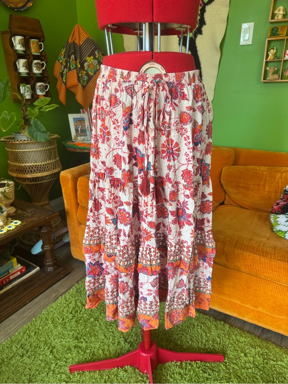 Bohemian Floral Red and Cream Tiered Maxi Skirt